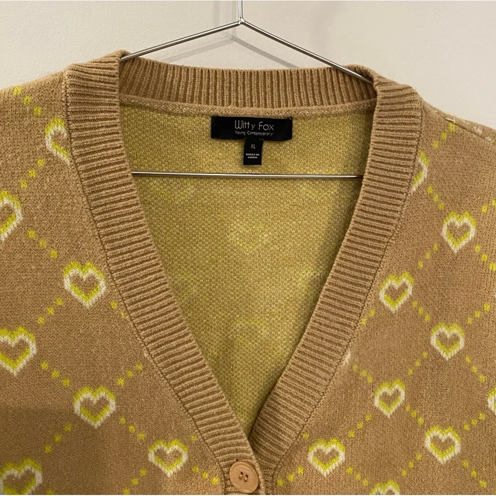 Junior's Witty Fox Brown & Yellow Heart Button Up Cardigan - Picture 7 of 8